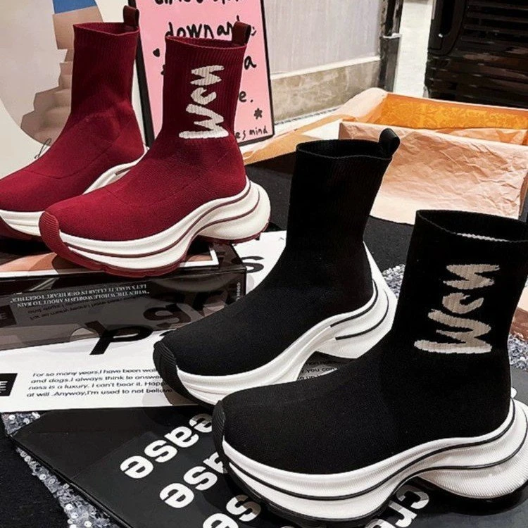 袜子靴女2024年秋季新款透气休闲高帮鞋厚底百搭短筒弹力瘦瘦靴女