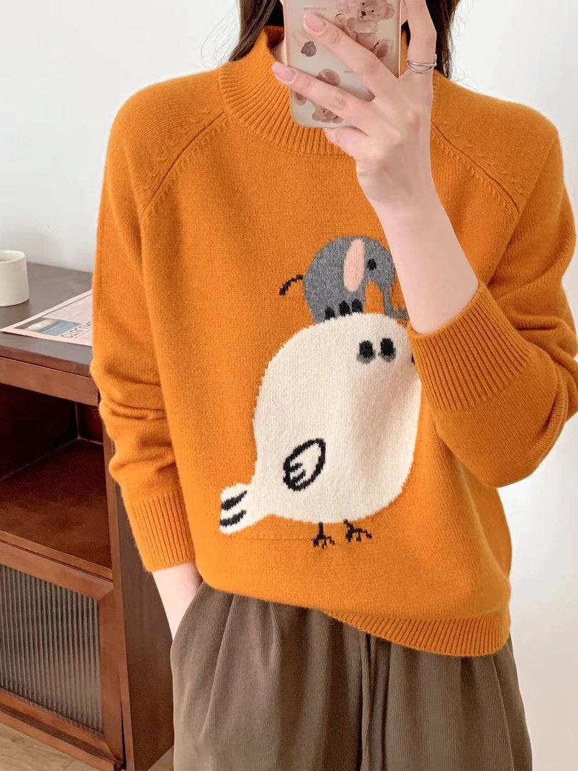 2025秋冬新款韩版半高领套头卡通提花短款毛衣女针织衫