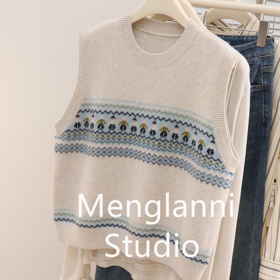 2025秋冬新款圆领套头提花拼色百搭宽松减龄休闲针织马甲背心时尚