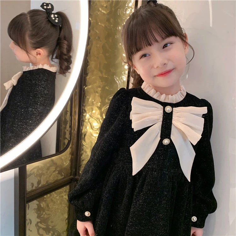 女童加绒连衣裙2023早春新款洋气蝴蝶结儿童裙子小女孩纯色公主裙