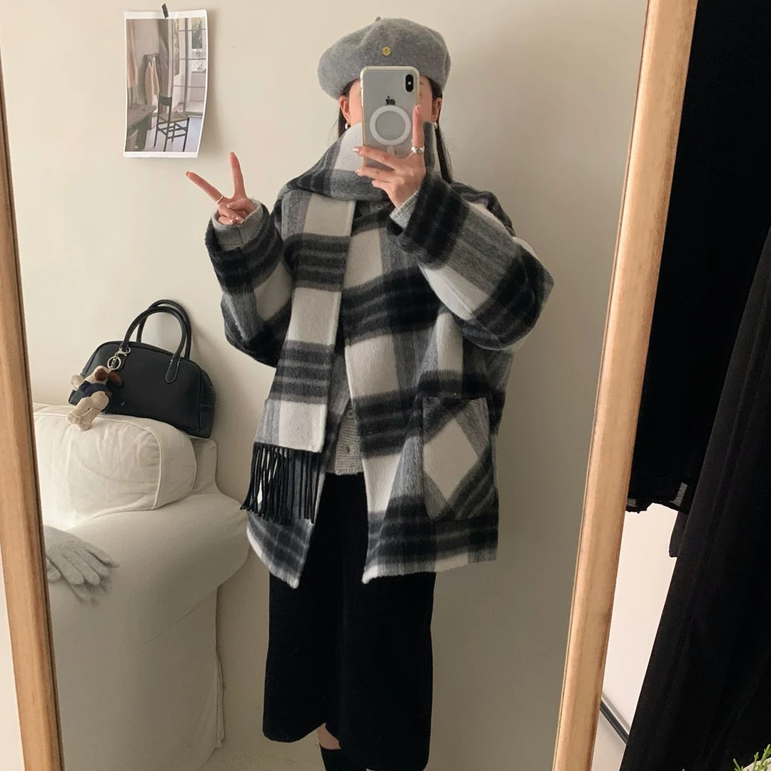 流苏围巾款2024冬季新款小个子加厚双面绒大衣女韩系羊毛呢子大衣