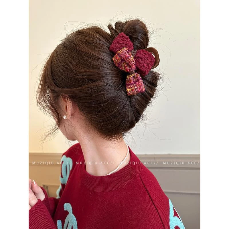 高级感红色蝴蝶结抓夹女后脑勺新年发夹秋冬鲨鱼夹2024新款发饰