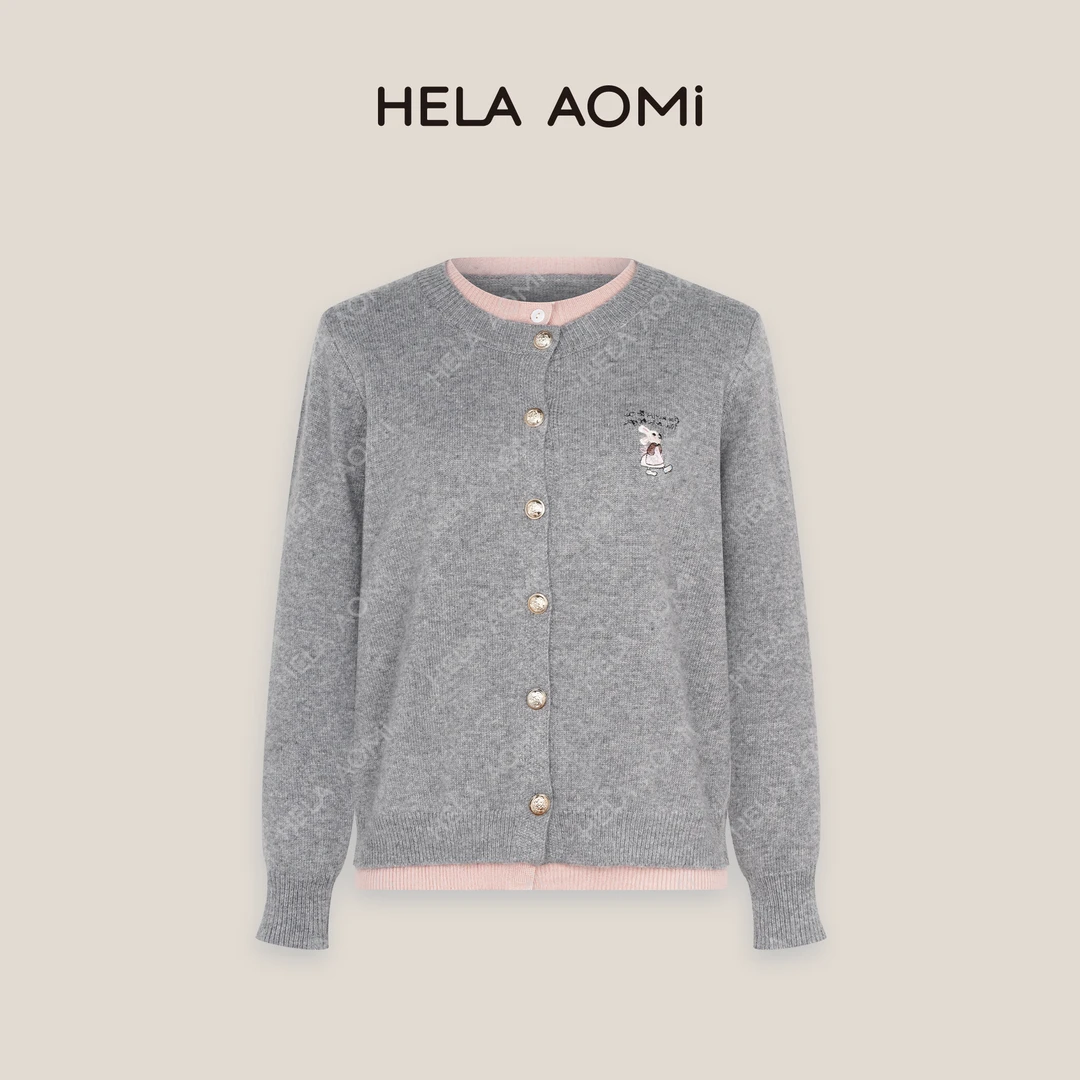 HELAAOMI “小兔几”拼色假两件软糯针织开衫刺绣上衣CY4DC31454