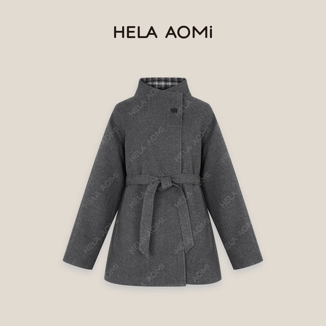 HELA AOMI “洋裁格纹”秋冬系带立领单排扣修身呢子外套CY4CX08011