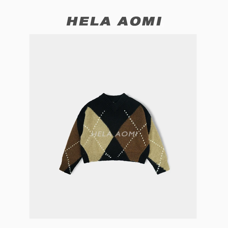 HELA AOMI“拼色美拉德”圆领套头百搭羊毛菱格针织衫CY3CD33113