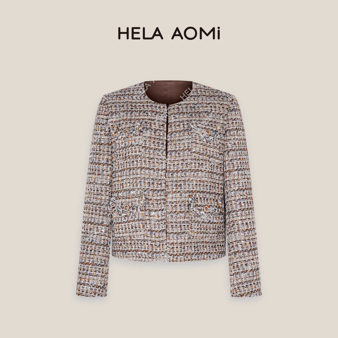 HELA AOMI“纸醉金迷”粗花呢气质咖色时尚小香风短外套CY4CY00300