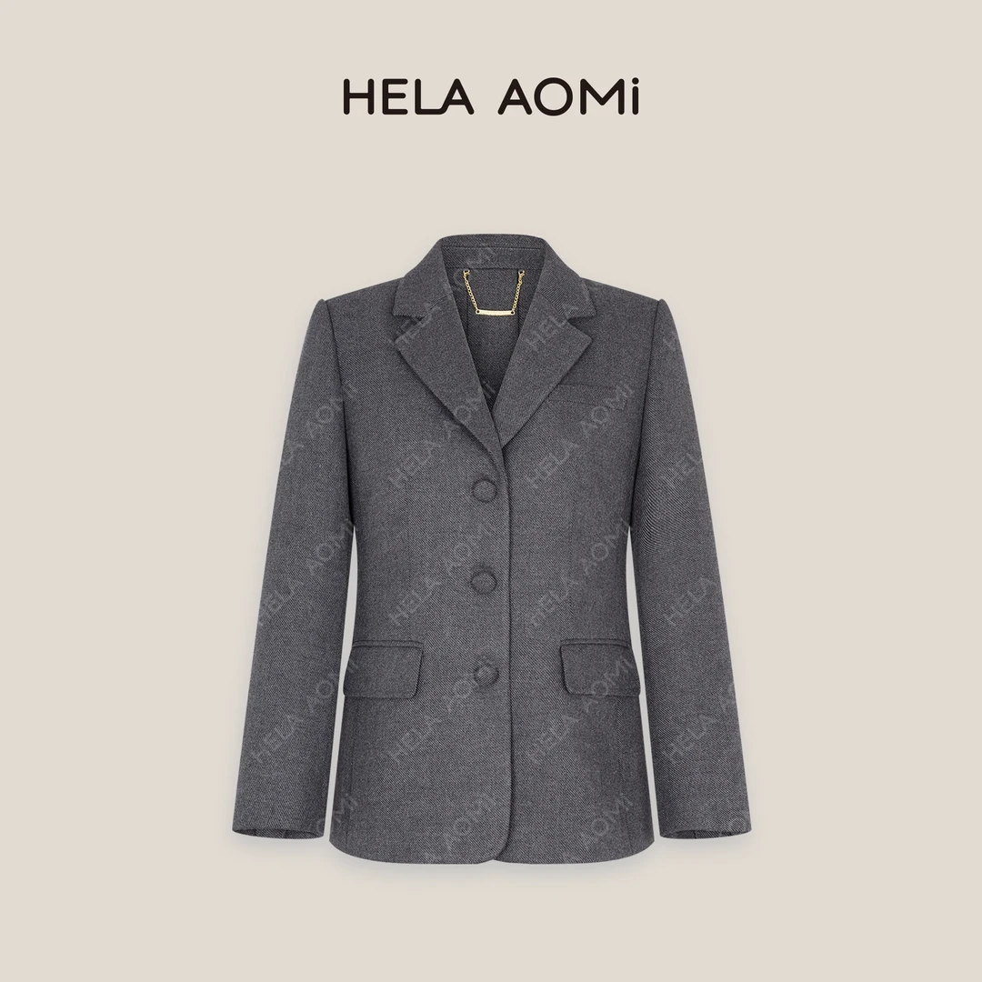 HELAAOMI“纽扣西装”戗驳领收腰显瘦西装外套CY4DX00104
