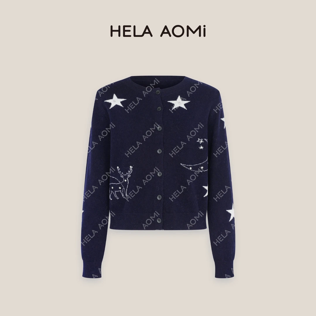 HELAAOMI “麋鹿毛衣”五角星小鹿刺绣针织开衫外套上衣CY4DC31453
