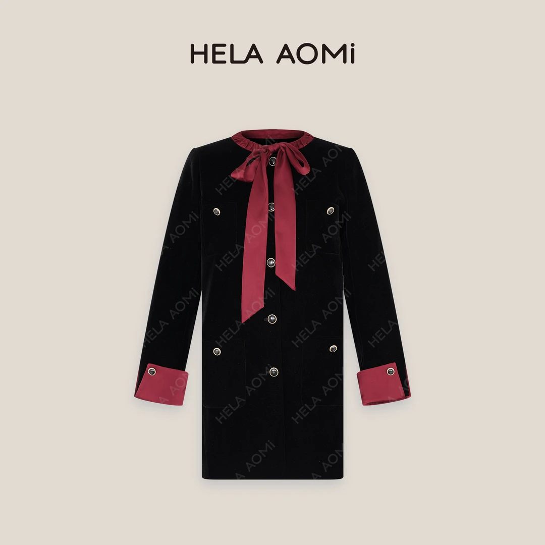 HELA AOMI“酒红梦境”黑色复古丝绒拼接袖口撞色连衣裙CY4CX72074