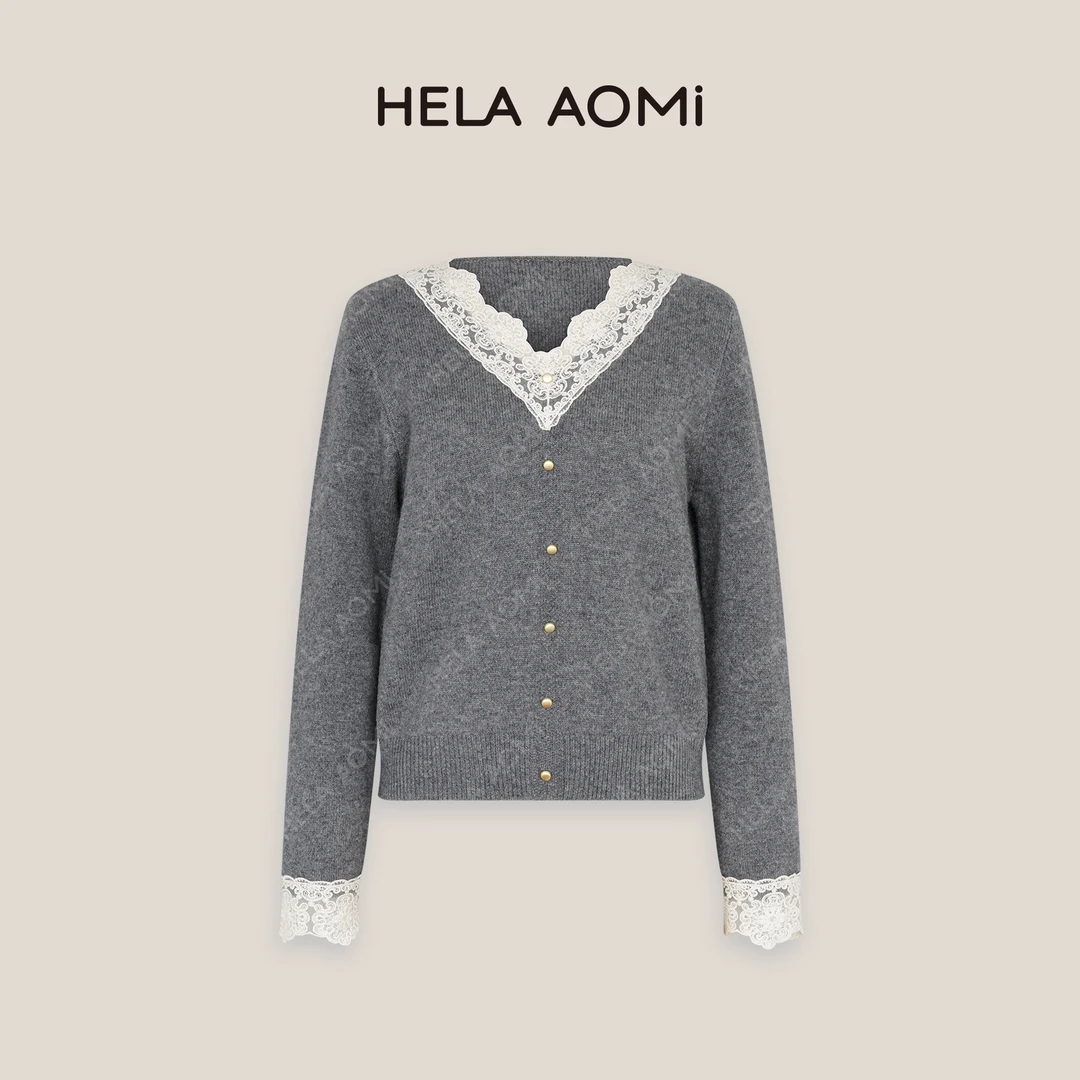 HELA AOMI “蕾丝拼接”V领蕾丝拼接宽松套头显瘦针织衫CY4DM31543
