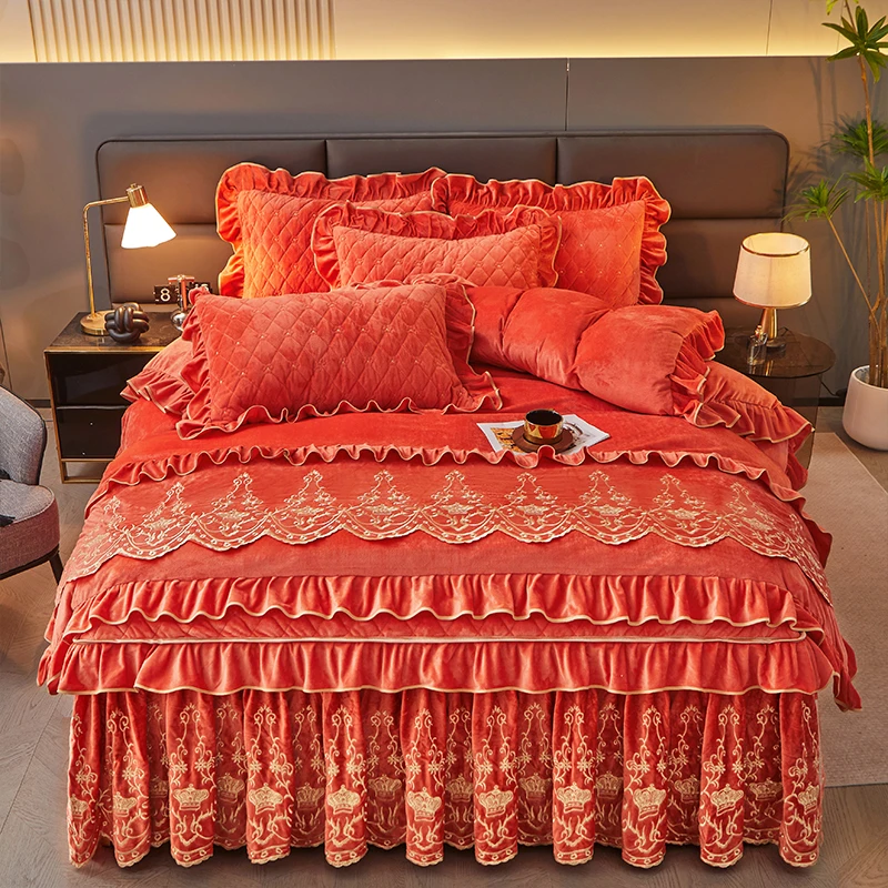 冬季加厚宝宝绒夹棉床裙式罩床床上用品珊瑚牛奶绒床罩被罩单件