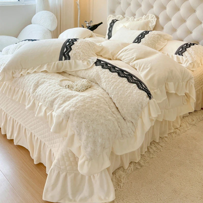 法式高克重牛奶绒床上四件套公主风双面绒被套牛奶绒四件套牛奶绒