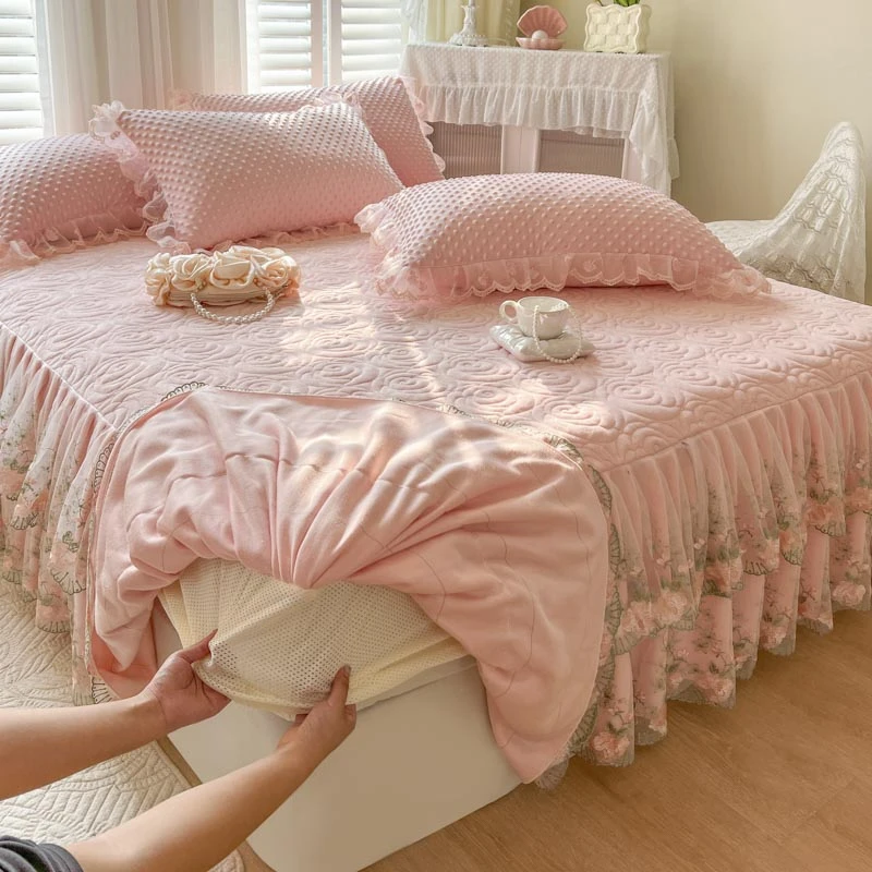 加厚牛奶绒床笠床裙二合一单件保暖珊瑚绒夹棉蕾丝床罩床垫保护套