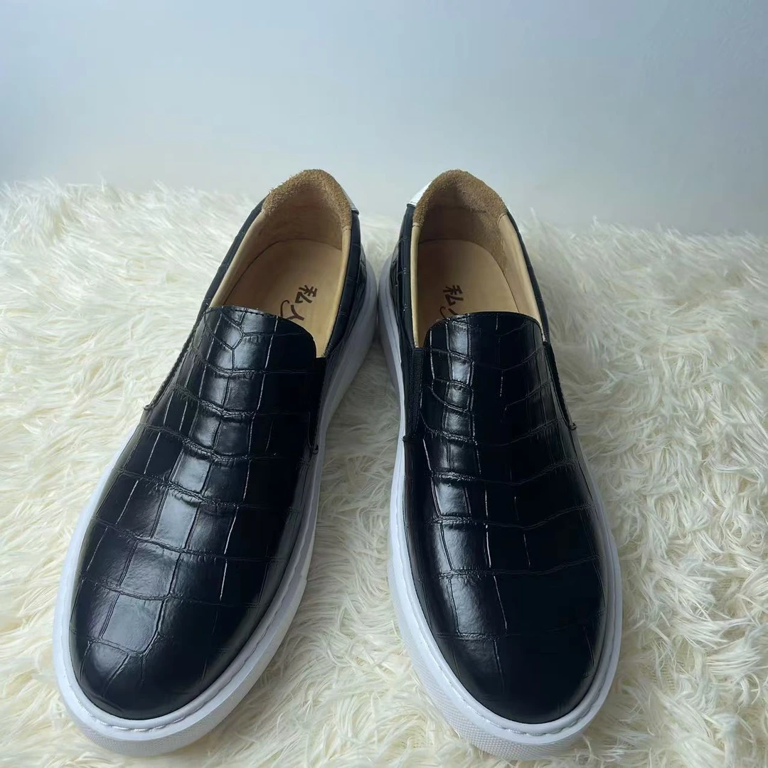 （厂）鳄鱼肚皮白底男款潮流百搭流行经典休闲低帮商务黑色真皮