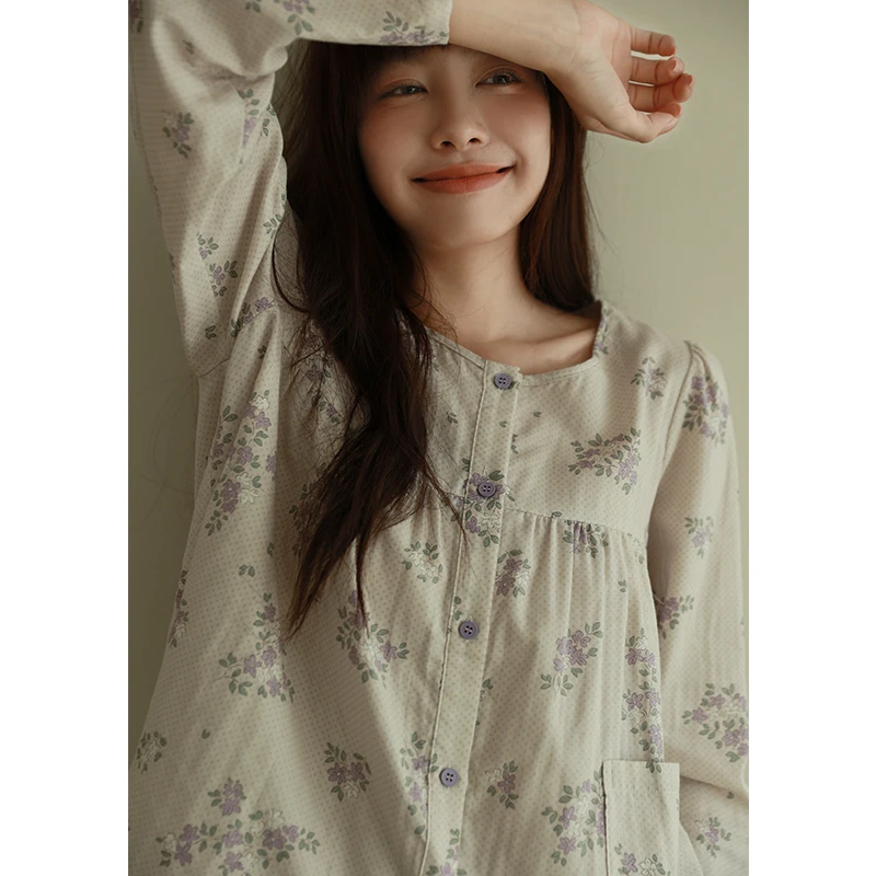 紫雾碎花 馍馍自制纯棉纱布少女复古风圆领女款家居服睡衣套装