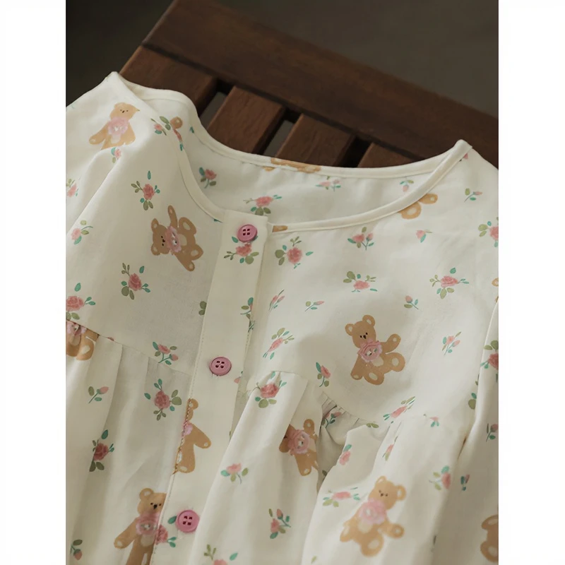 吧唧一口熊 玫瑰甜熊 纯棉纱布可爱甜妹圆领女款家居服睡衣套装