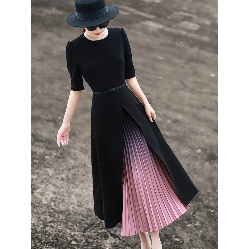 MEXCOCO/兰瑟儿2025夏季新款假两件拼接撞色百褶连衣裙104XL1884