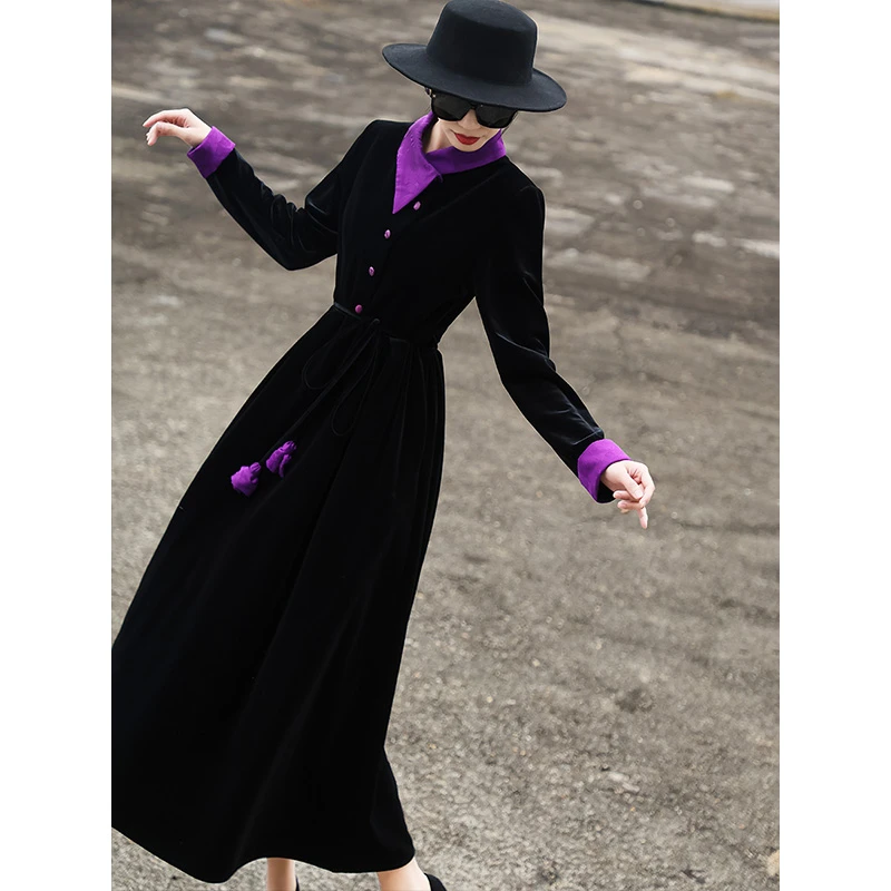 兰瑟儿新款气质新中式复古撞色印花翻领黑色丝绒连衣裙女M3WL8059