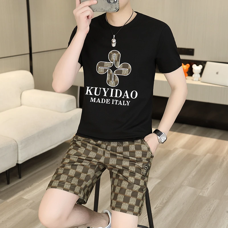 男士2024新款夏季欧货短袖T恤套装轻奢时尚潮流薄款百搭圆领痞帅