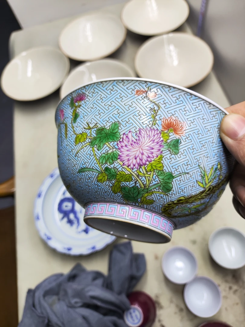 四季花卉掐丝珐琅碗蓝色珐琅彩陶瓷描金瓷碗顺丰到付海捞收藏品