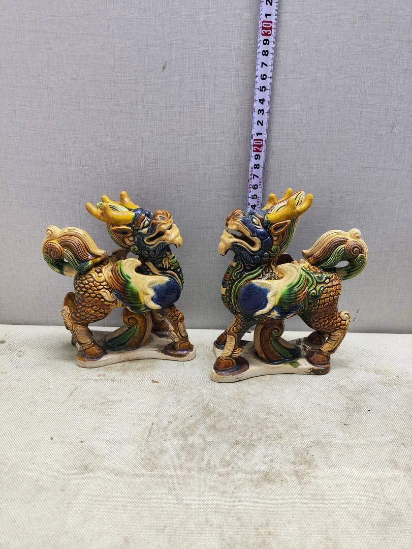 一对麒麟唐三彩海捞收藏品顺丰到付陶瓷工艺品雕塑中式瑞兽