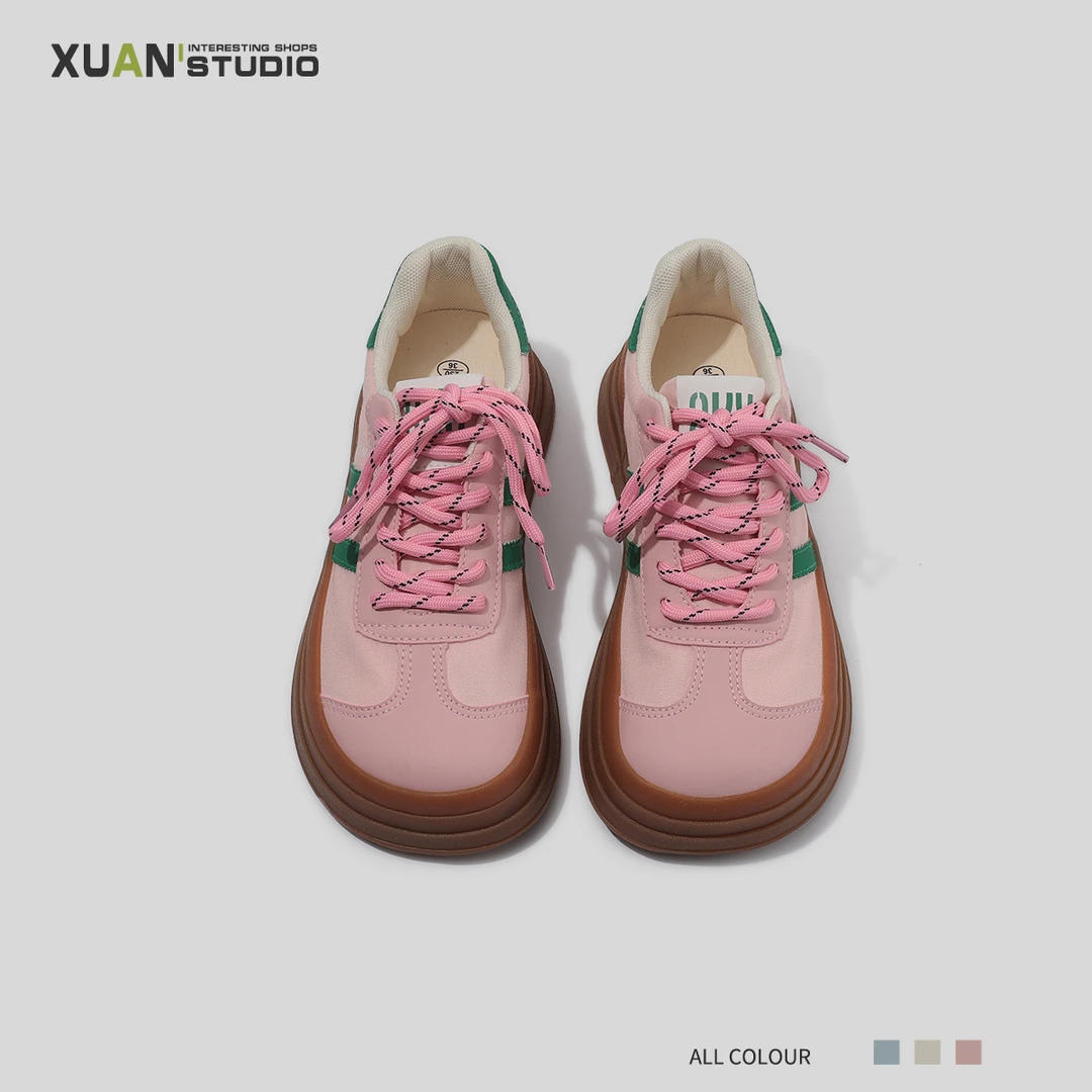 小众丑萌芒果头粉色德训鞋女夏季新款厚底百搭复古潮流休闲帆布鞋