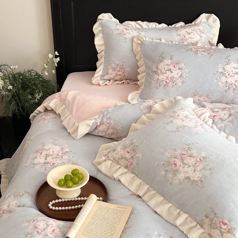 [双十二大促]冬季ins加厚牛奶绒四件套立体双层花边保暖床上用品