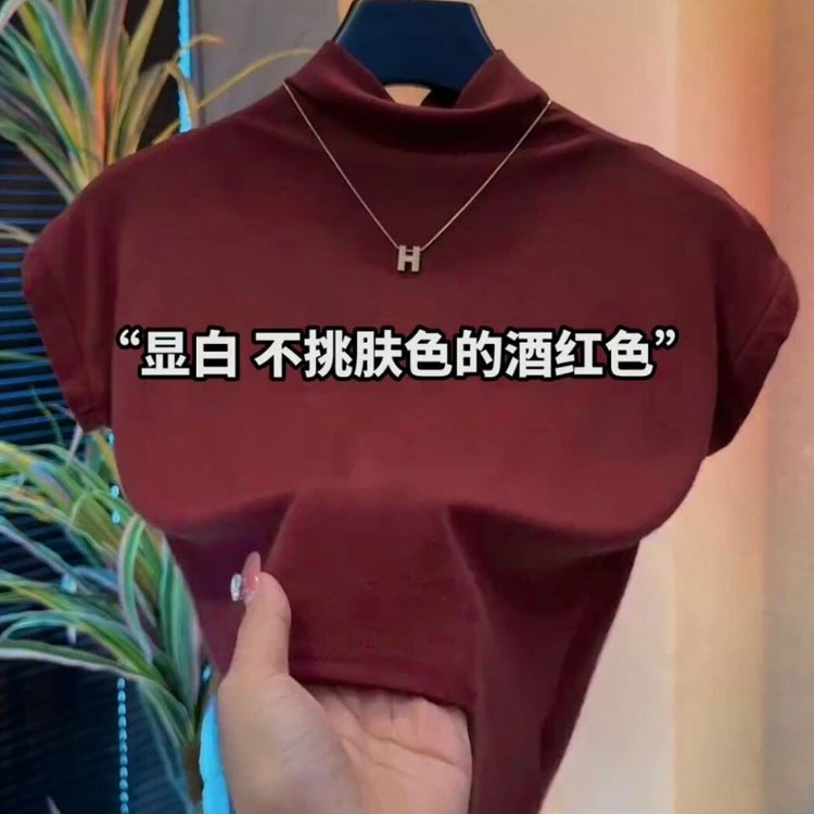 半高领纯色修身体恤女2025早秋新款氛围感显瘦内搭保暖打底衫