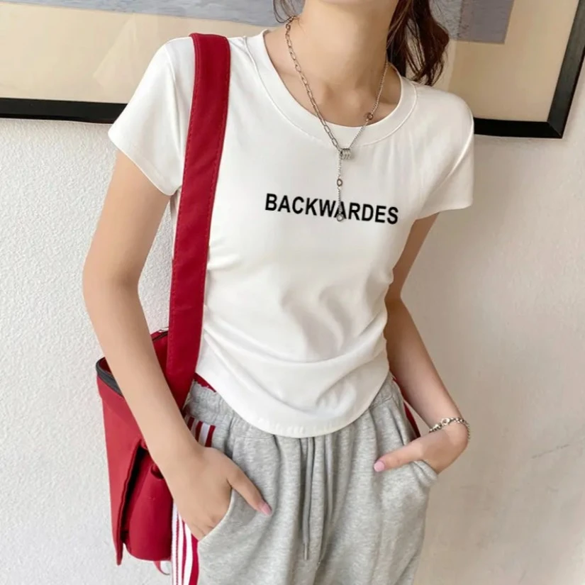 纯棉正肩鱼骨修身掐腰不规则短袖t恤女夏季设计感小众小个子上衣