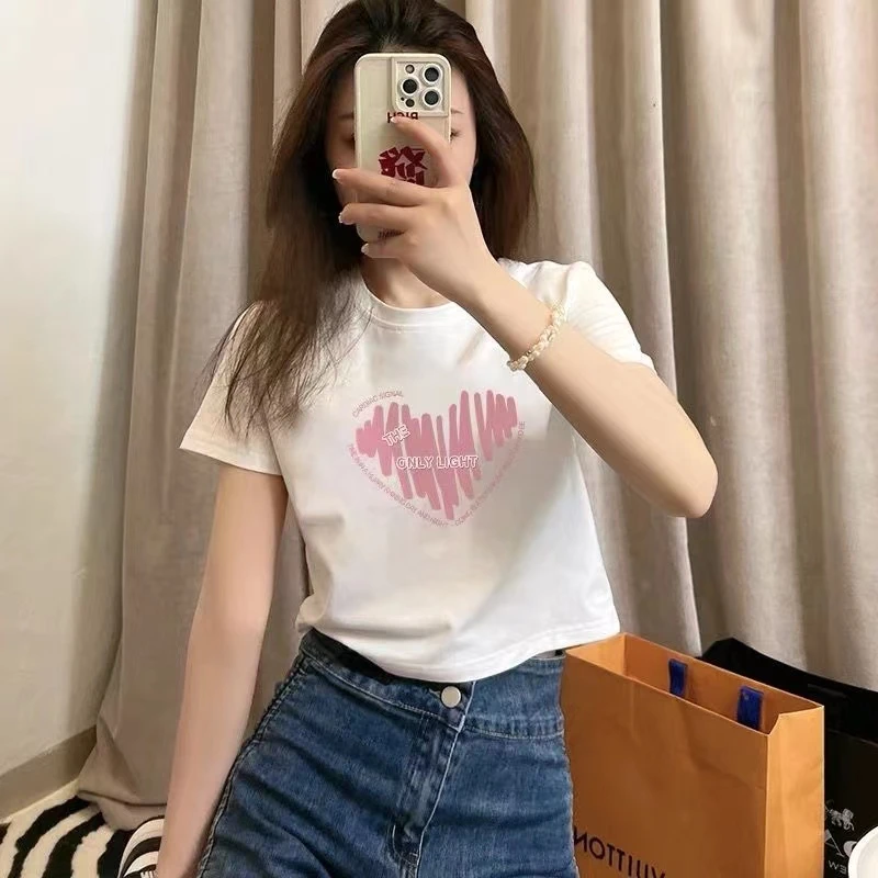 2025新款92棉正肩短款T恤女夏季设计感短袖修身白色高腰体恤上衣
