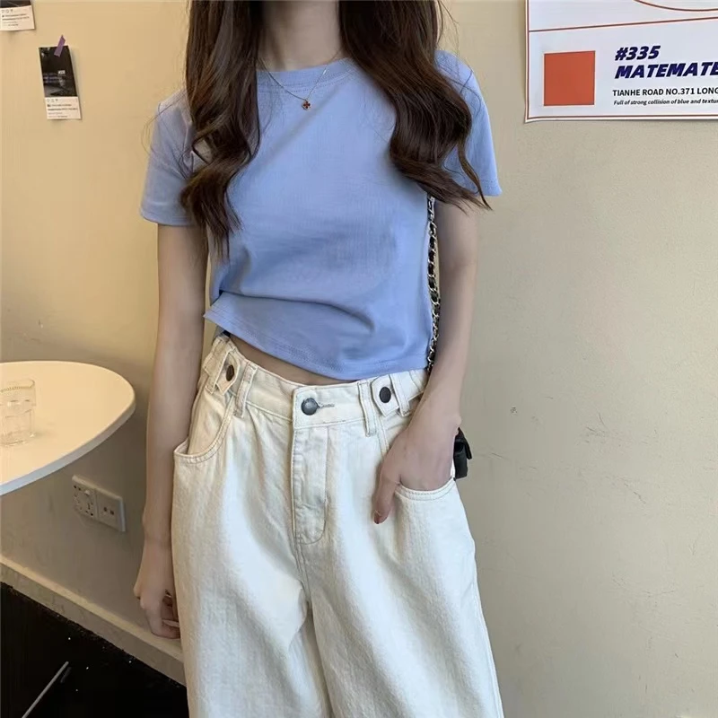 小个子精致上衣白色短袖T恤女百搭ins夏季新款正肩韩版短款上衣潮