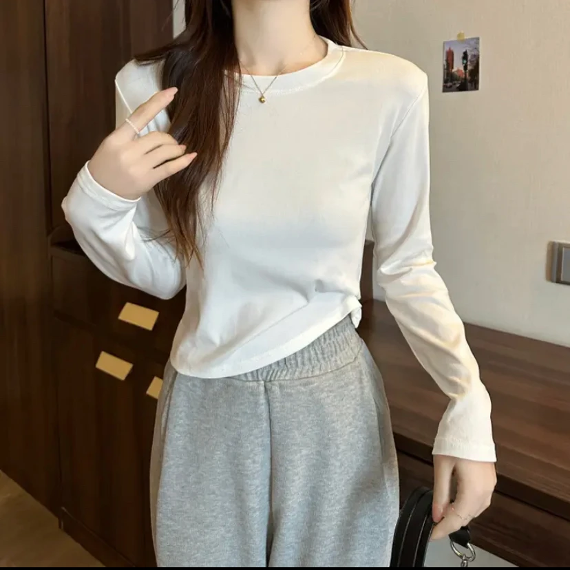 【小个子专属】2025新款打底衫显瘦春秋长袖白色百搭修身圆领秋季女