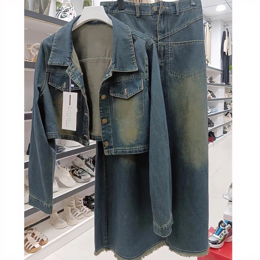 秋季时尚牛仔套装   上衣下裙  复古气质潮流   好看街感