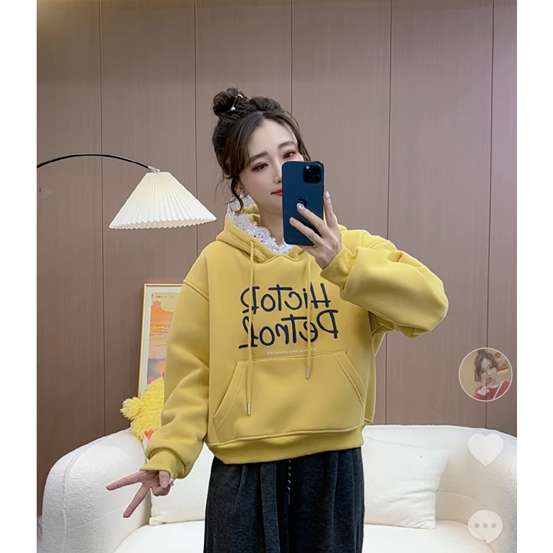 加绒加厚蕾丝拼接连帽套头卫衣女2024秋冬新款时尚百搭长袖外套