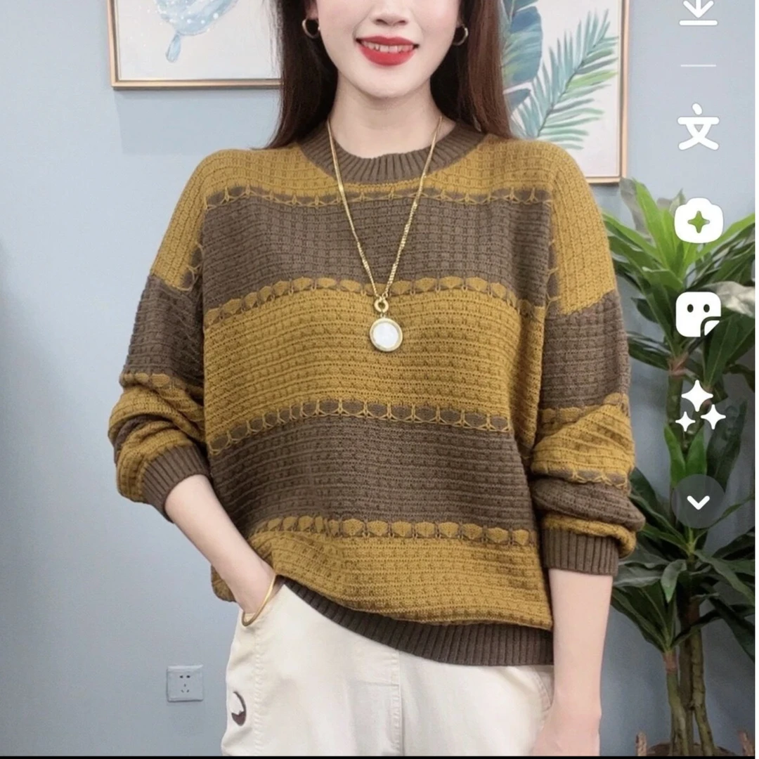 钩花宽条纹女秋冬新款时尚百搭毛衣宽松休闲圆领套头针织打底衫