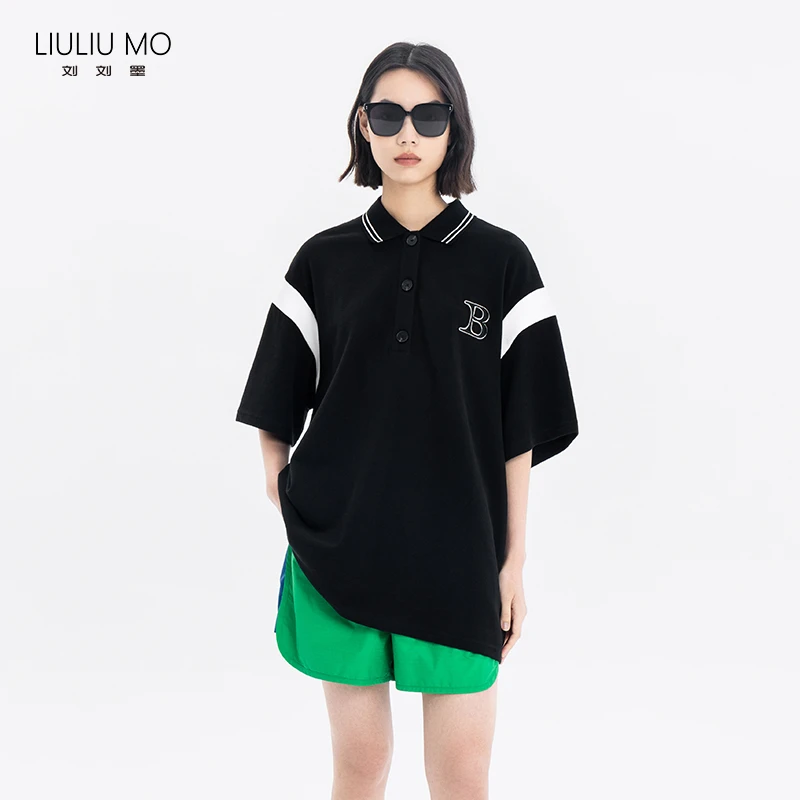刘刘墨设计师小众珠地针织高端polo衫女款宽松撞色OVERSIZE上衣黑