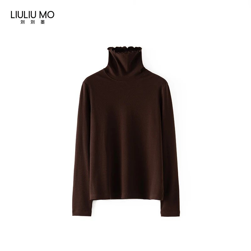刘刘墨设计小众咖色堆堆领修身复古显瘦打底纯色设计小众长袖上衣