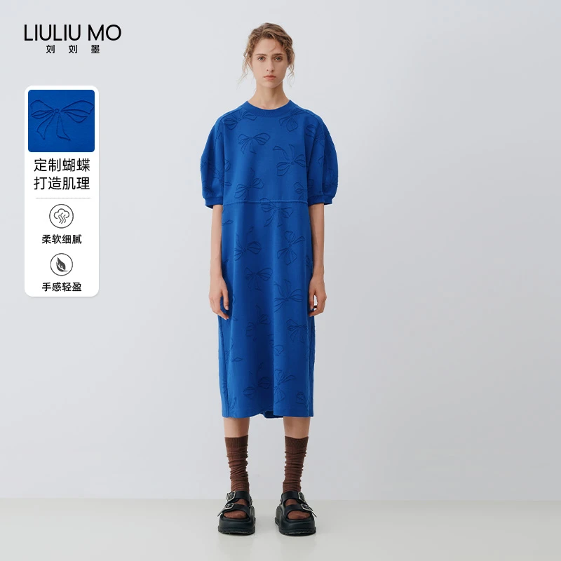 刘刘墨蓝色柔软女士印花早秋女款时尚设计款小众烧花蝴蝶结连衣裙