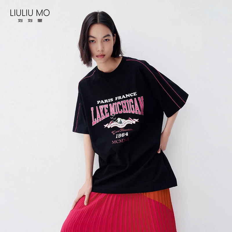 刘刘墨原创设计字母潮流T恤女夏季慵懒新款时尚显瘦上衣休闲百搭