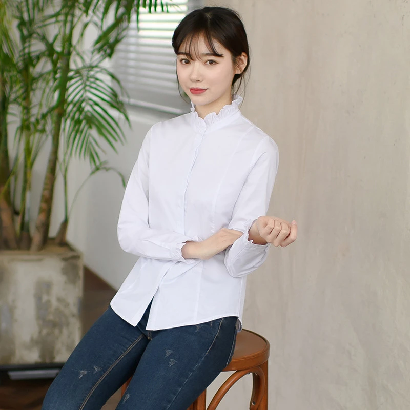春秋韩范新款立领荷叶边文艺百搭气质长袖女式白色棉衬衫修身