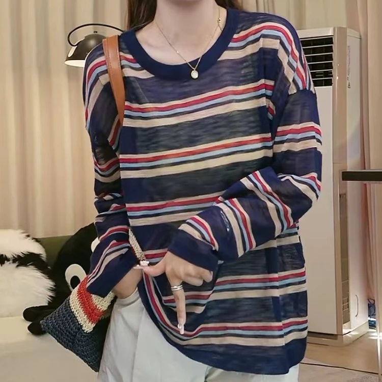 【现货现发】2024新款防晒罩条纹撞色针织打底衫夏季薄款宽松慵懒风