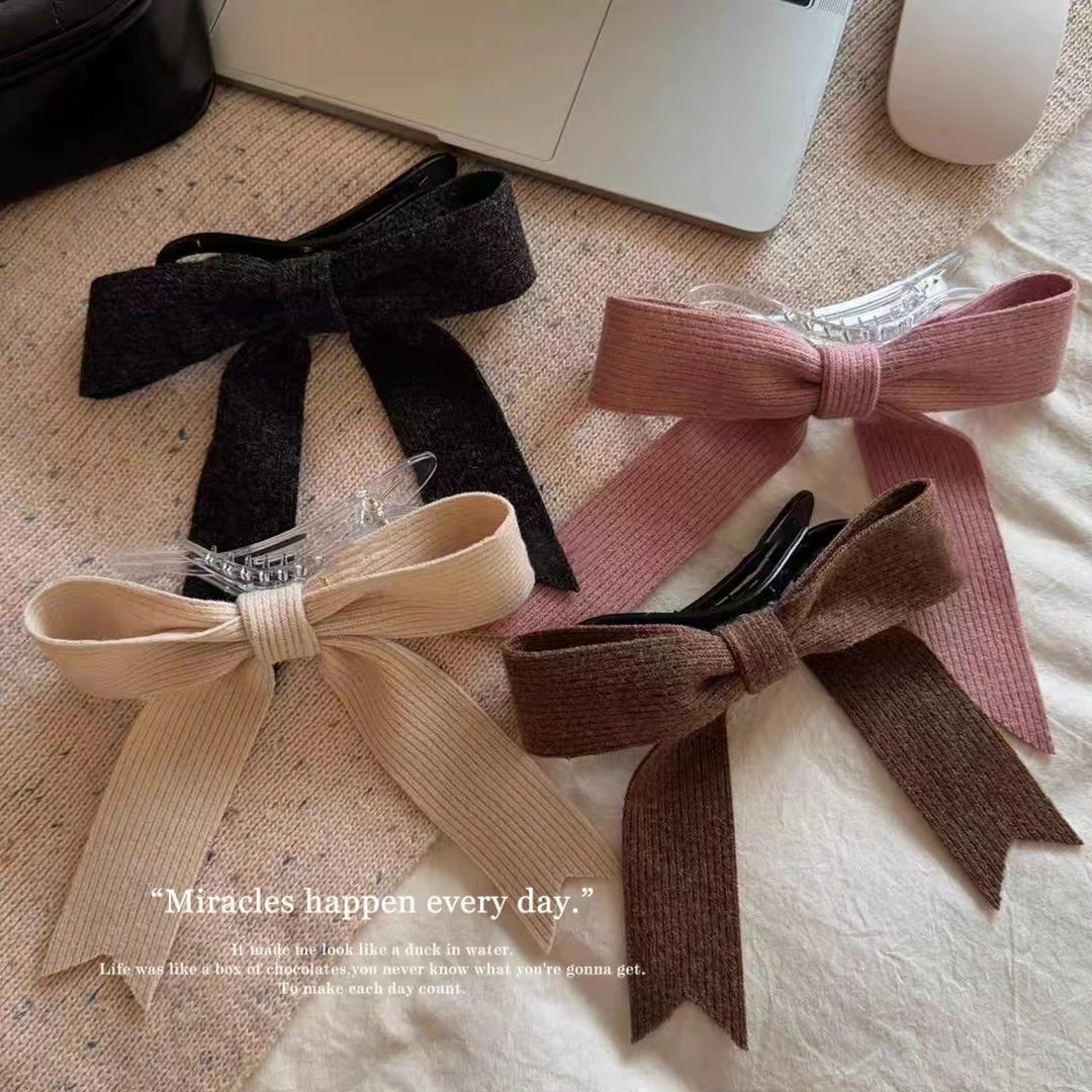 韩系针织蝴蝶结飘带发夹女高级感大号鸭嘴夹半扎发卡气质抓夹发饰