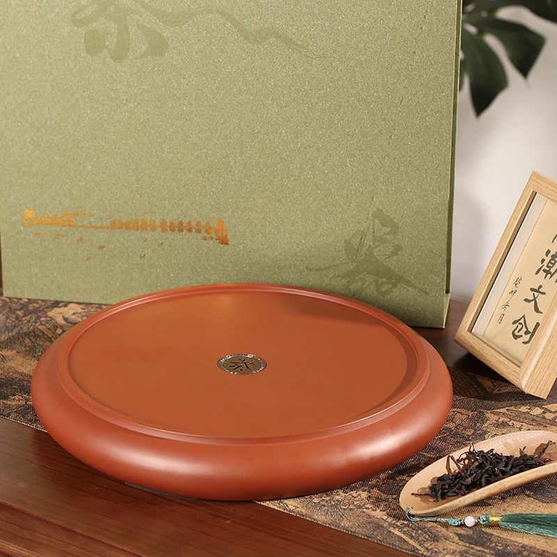 潮州大号14英寸纯手拉红泥茶盘圆形可排水工夫茶具干泡茶台茶海