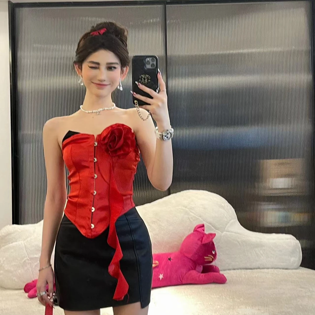 纯欲风别致花朵不规则抹胸上衣性感显瘦辣妹礼服套装女春气质小众