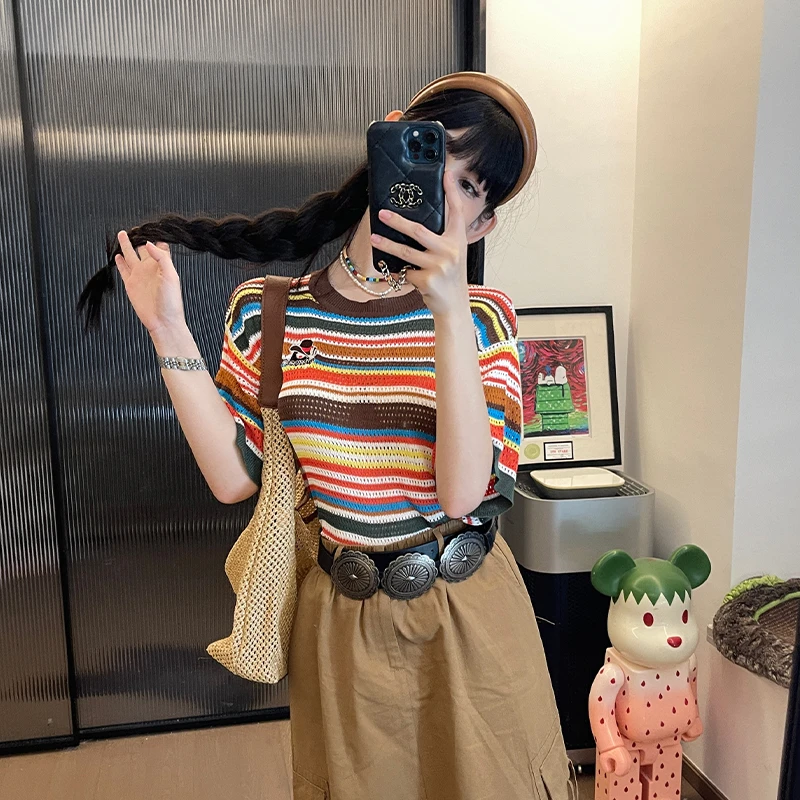 夏季薄款短袖针织衫女彩色条纹拼接镂空重工落肩袖设计高级感上衣