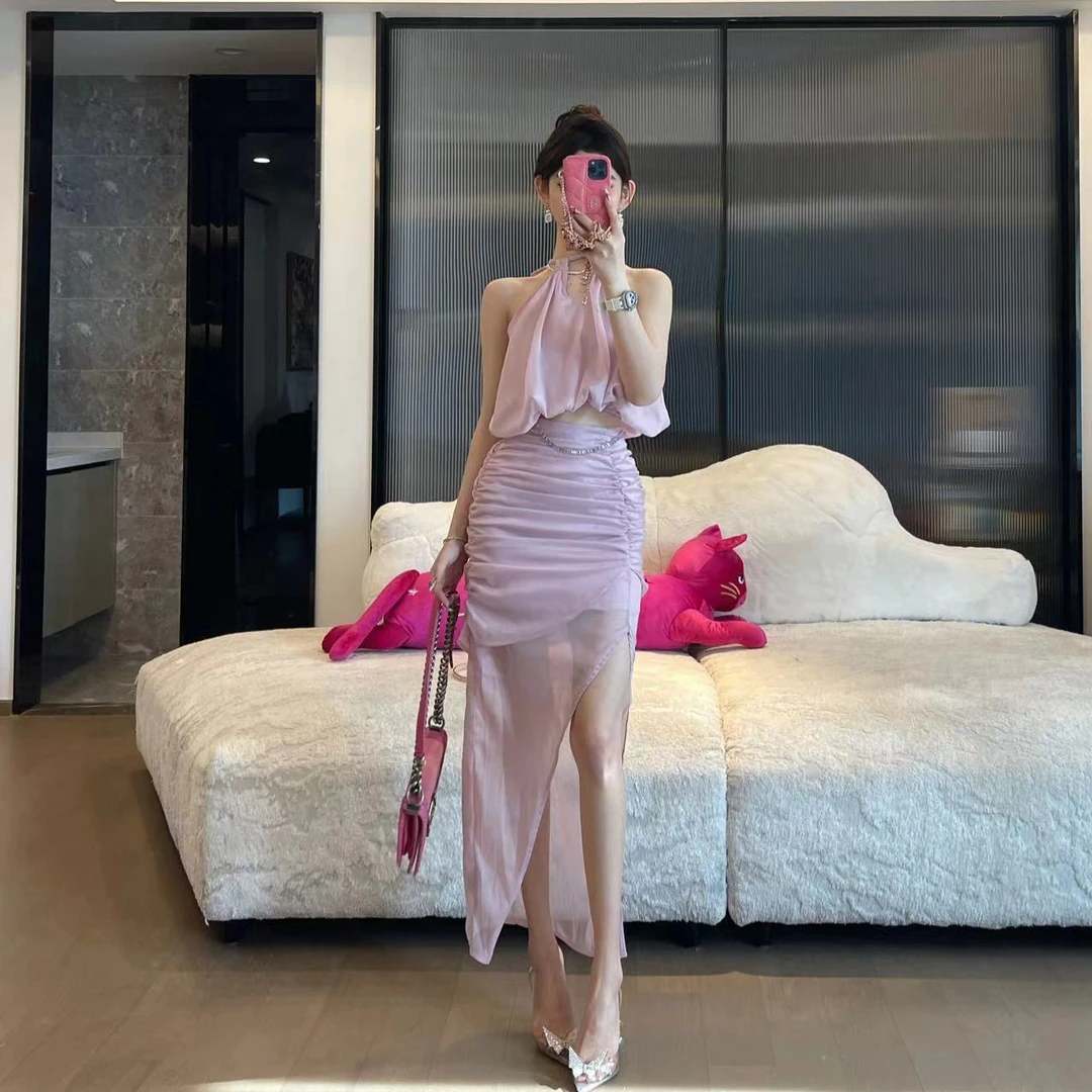 人鱼姬度假套装女夏纯欲辣妹性感挂脖抹胸吊带+包臀半身裙两件套