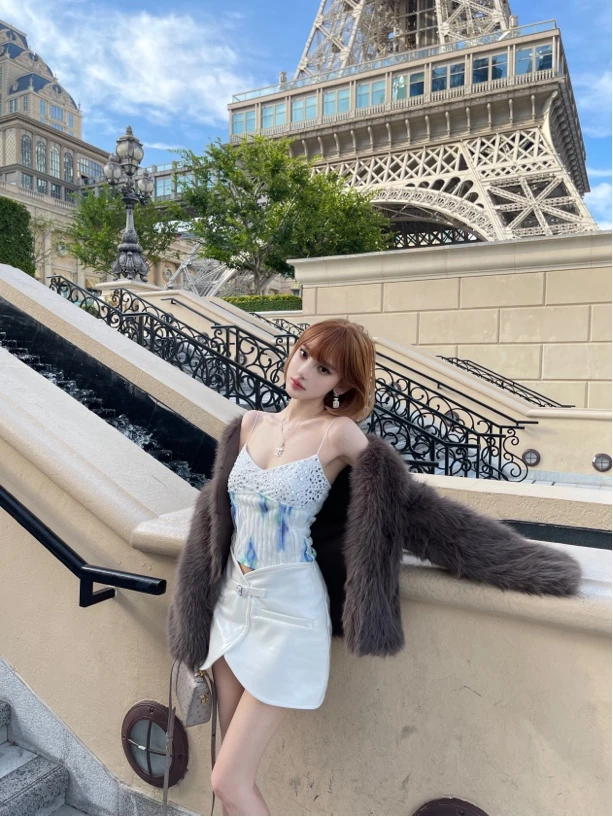 ChiclyNana 辣妹吊带背心内搭蓝色V领鱼骨性感风别致短款抹胸上衣