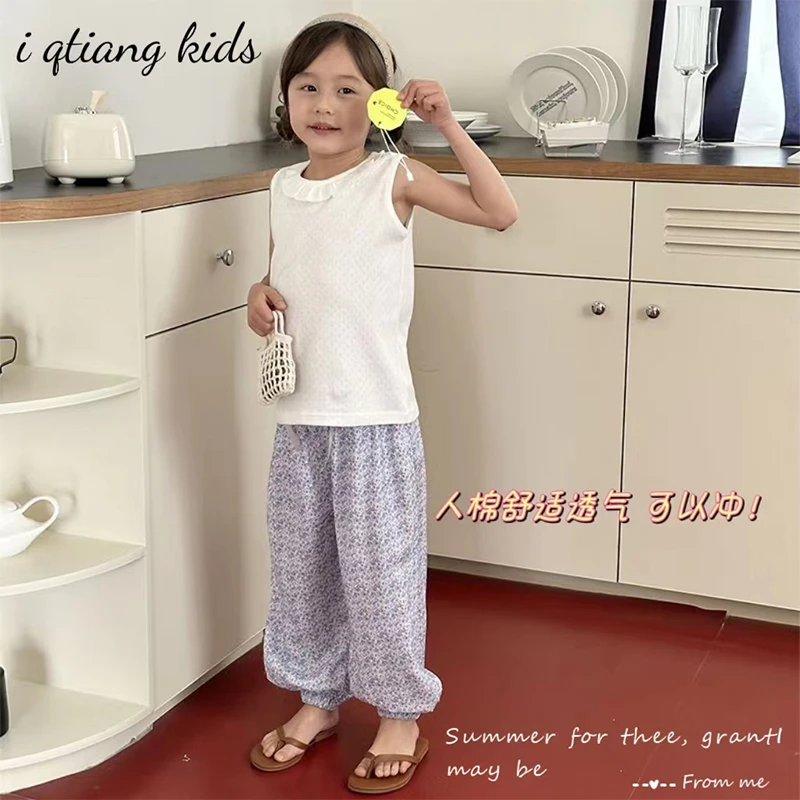 断码特2024夏季新款儿童防蚊裤中大童女碎花宽松九分裤女童防蚊裤