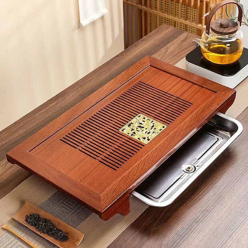家用简约小型两用沥水抽屉式轻奢新中式茶托盘排水长方形实木茶盘