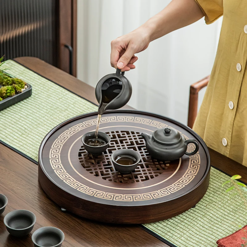 家用竹制茶盘 干泡圆形储水茶盘 创意休闲小茶台